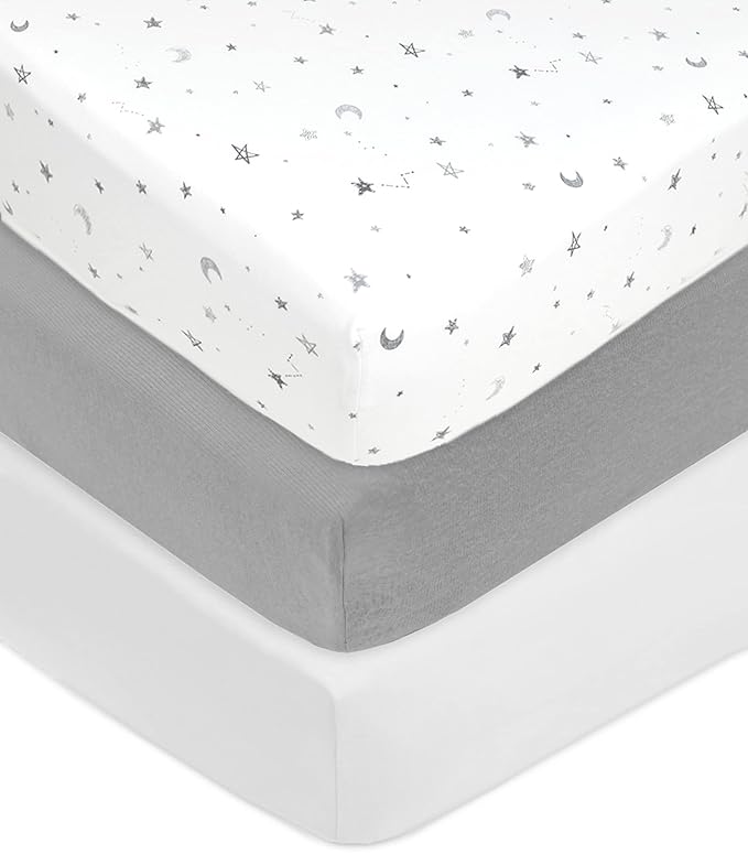 American Baby Company 3 Pack 100% Natural Cotton Fitted Crib Sheets 52" x 28" - Soft, Breathable, Hypoallergenic & Gentle Toddler Bed Sheets, Gray Stars/Gray/White, Neutral for Boys & Girls