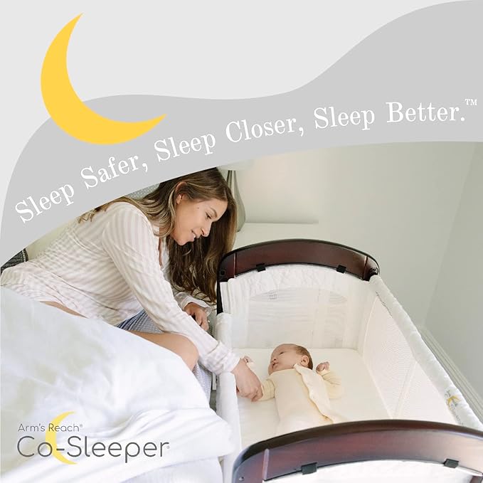 Arm’s Reach Cambria Co-Sleeper Bedside Bassinet Featuring Height-Adjustable Legs, Curved Wooden Ends, Breathable Mesh Sides with Pockets, and Large Lower Storage Basket, Espresso and White
