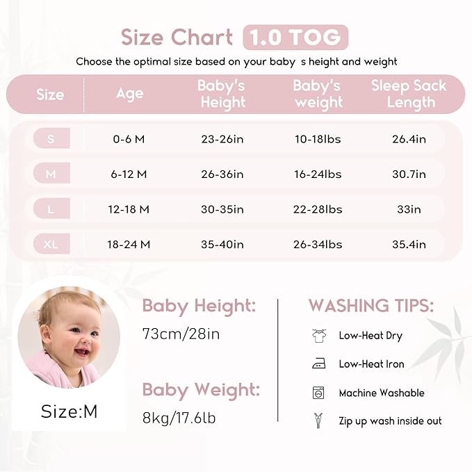 Yoofoss Rayon Made from Bamboo Baby Sleep Sack 12-18 Months 1.0 Tog Baby Wearable Blanket, Super Soft Infant Toddler Sleeping Sack 2-Way Zipper
