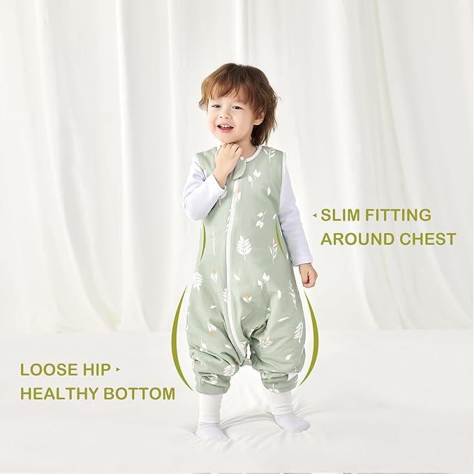 Super Soft 0.5 TOG Sleep Sack with Legs, 100% Organic Cotton Side Open Lightweight Toddler Sleep Sack with Feet, Foliage, Size M