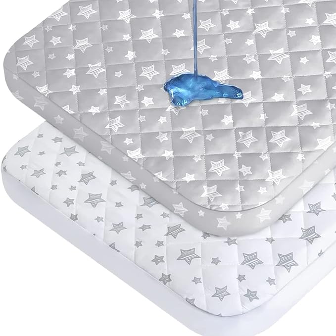 Waterproof Pack and Play Mattress Pad Protector 39" x 27" 2 Pack, Compatible with Graco Pack n Play, Playard Mattress Protector, Grey & White Star
