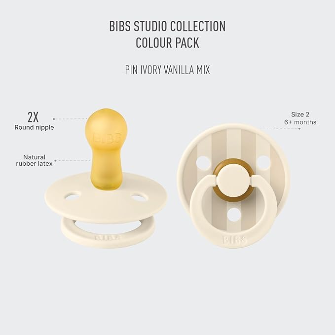 BIBS Pacifiers - Colour Studio 2 Pack | Round Nipple Baby Pacifier | BPA Free Natural Rubber Latex Soother | Made in Denmark | Size 6+ Months | Pin Ivory Vanilla