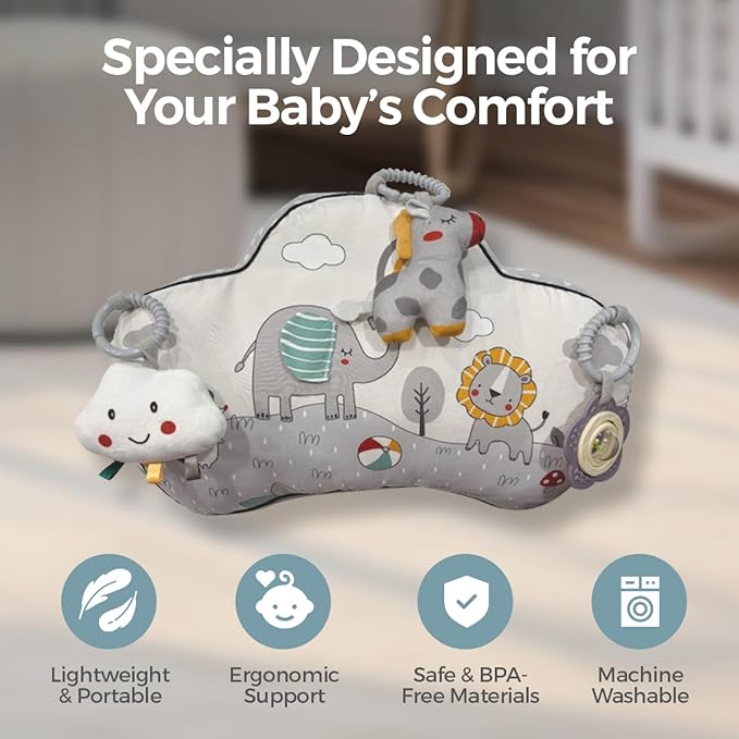 Tummy Time Pillow with 3 Detachable Sensory Toys - Infant Head Support & Neck Strengthening Mat - Soft & Breathable Baby Gym Play Pillow - Machine Washable (Safari Animals)