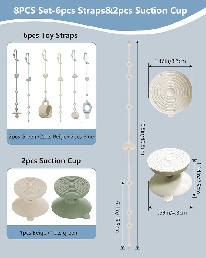 6 Pack Silicone Baby Toy Straps with 2 pcs Suction Cup Bases, Silicone Pacifier Clips Pacifier Holder, Tether Pacifier Clip,Adjustable Toy Holder for Stroller Accessories, Car Seat, Highchair,Crib (A)