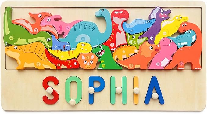 Name Puzzle for Kids Personalized, First Birthday for Baby Boy Girl, Wooden Name Puzzles for Toddlers 1-3, Educational Toys for 1 Year Old (Dinosaur)