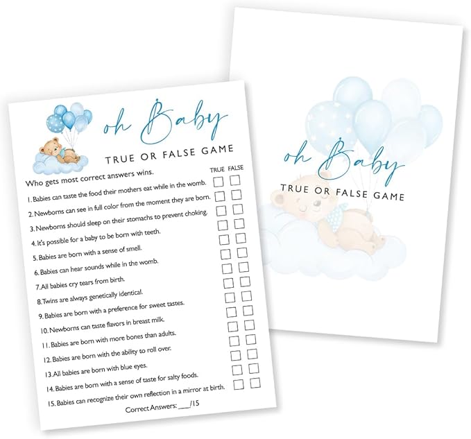 Oh Baby True or False Baby Shower Games, 25 Double-Sided Blue Bear Games for Boys with Answer Card, Interactive Party Supplies - B08
