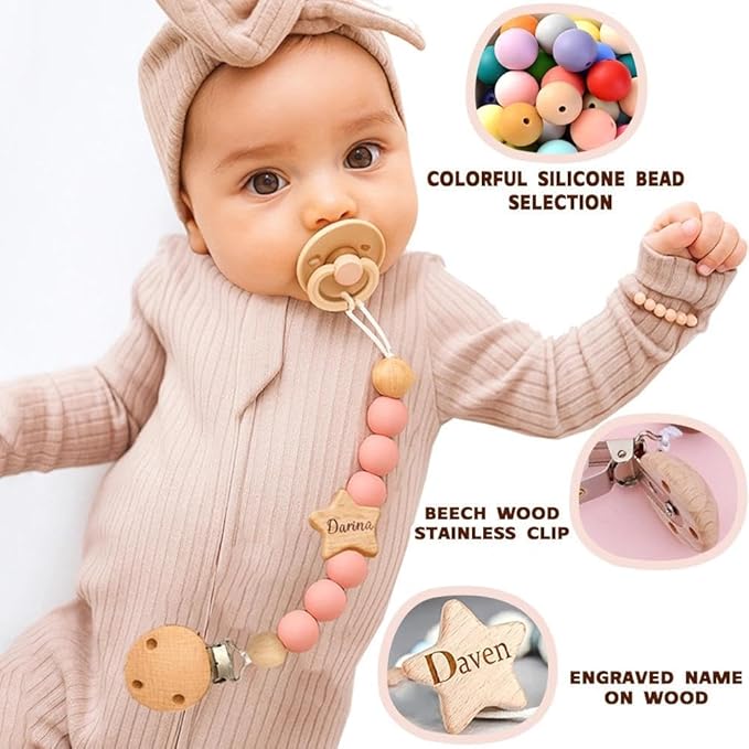 Personalized Pacifier Clip with Name, Engraved Wood Star Pacifier Clip Gift for Boys Girls(Star)