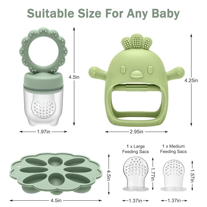 Baby Silicone Fruit Food Feeder Pacifier & Breastmilk Popsicle Freezer Molds,BPA Free Baby Food Storage Containers Frozen Ice Tray for Baby Feeding Safely, Infant Fruit Teething Toy (Green)