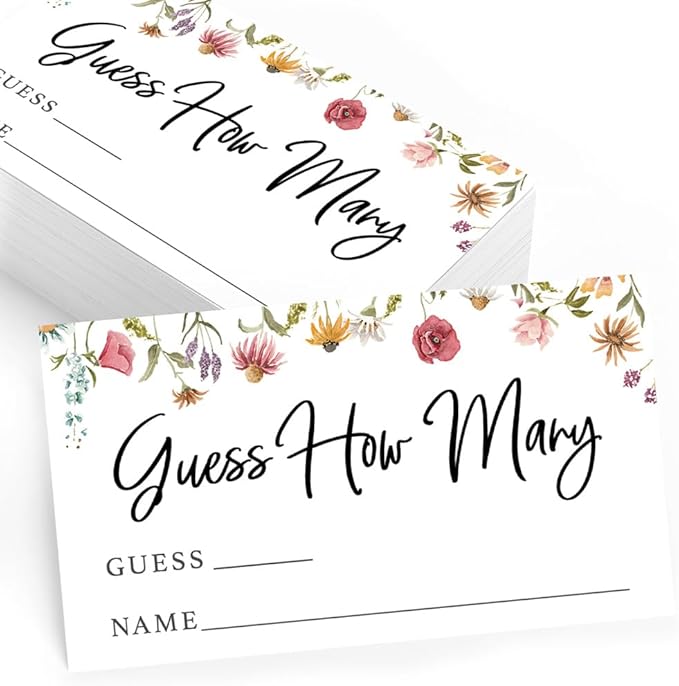 Printed Party Candy Jar Guessing Game (Set of 50), Wildflower Bloom Theme, includes Matching Table Display Sign