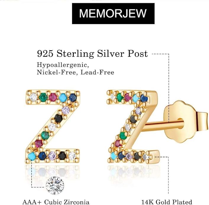 Memorjew Initial Stud Earrings for Women, Hypoallergenic 925 Sterling Silver Post Rainbow Cubic Zirconia Gold Plated 26 Initial Earrings for Women Jewelry Gifts
