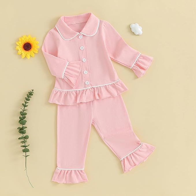 Toddler Kids Baby Girl Solid Pjs Ruffle Long Sleeve Button Shirt Top and Pants Cotton 2Piece Pajamas Set