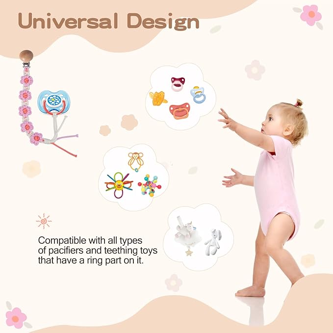 Pacifier Clips Baby Girls Floral Daisy Binky Clips Pacifier Holder Boho Wooden Clips Macrame Paci Clip Handmade Braided Cotton Pacifier Strap Pink