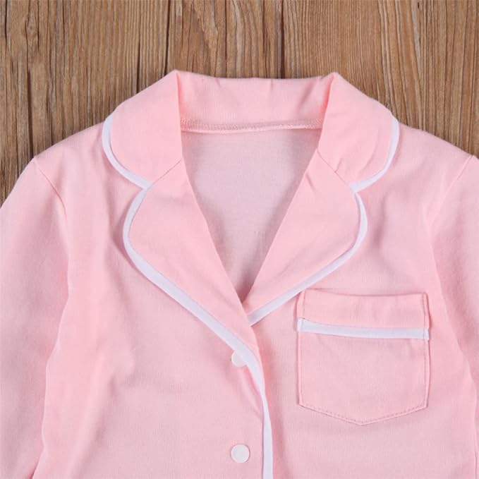 Toddler Kids Baby Girl Solid Pjs Ruffle Long Sleeve Button Shirt Top and Pants Cotton 2Piece Pajamas Set