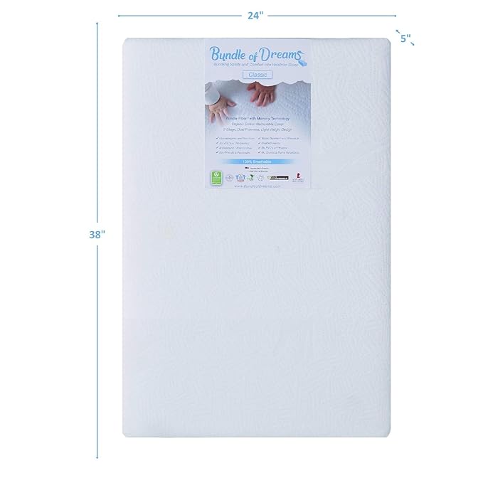 BUNDLE OF DREAMS Flagship 5" Organic Cotton Cover 2 Stage Mini Crib Mattress, 100% Breathable, Hypoallergenic, Non-Toxic for Portable Cribs or Mini Cribs