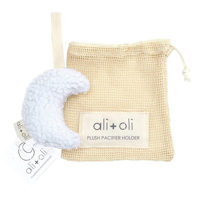 Ali+Oli Plush Pacifier Holder (Moon-White) Soft Binky Holder for Babies, Plush Holder for Pacifiers, Cute Baby Binkies Plush Holder, Pacifier Holder for Baby Boys & Girls, Baby Toy with Cute Decor