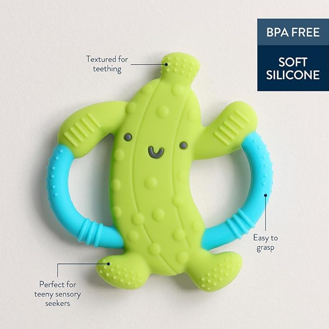 Itzy Ritzy Pickle-Shaped Baby Teether with Handles; Silicone Teether for Babies with Easy-Grab Handles and Textured, Teethable Surfaces - Baby Teething Toy for 3 Months & Up (Pickle)