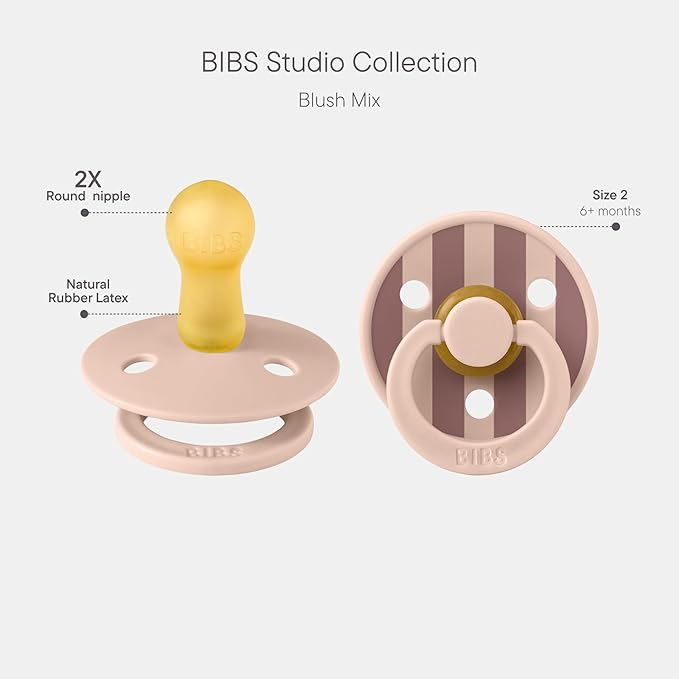 BIBS Pacifiers - Colour Studio 2 Pack | Round Nipple Baby Pacifier | BPA Free Natural Rubber Latex Soother | Made in Denmark | Size 6+ Months | Block Blush