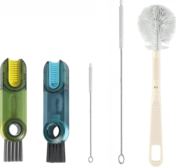 5-Pack Water Bottle Brush Set,9.5'Long Handle Silicone Water Bottle Cleaning Brush, 2 Straw Brushes, 2(3-in-1)cup lid Cleaner Brushes for Water Bottles,Baby Bottles,Straw Brushes White(blue-black(5th)