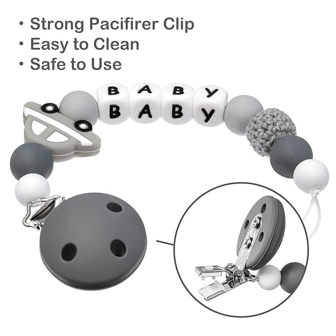 Personalized Pacifier Clip with Name for Baby, Customized Pacifier Clip Fits All Pacifiers, Baby Birthday Christmas Gift for Boys and Girls, Car (Grey)