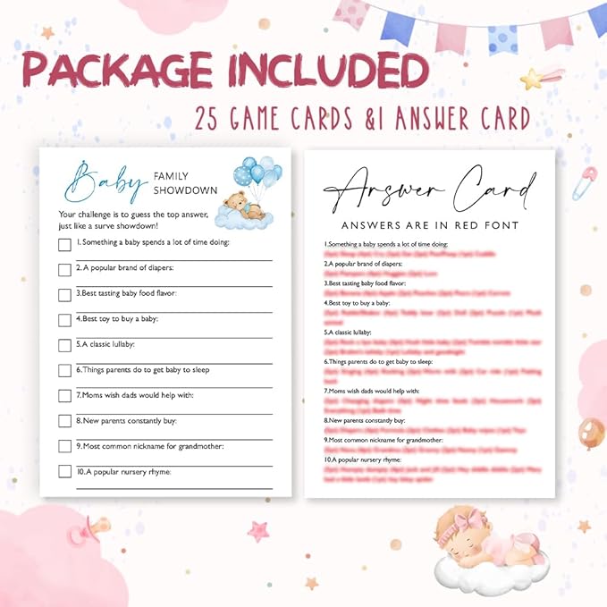Baby Trivia Baby Shower Games, 25 Double-Sided Blue Bear Games for Boys with Answer Card, Interactive Party Supplies - B07