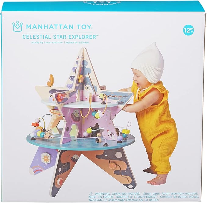 Manhattan Toy Double-Decker Celestial Star Explorer Wooden Activity Center with Shape Gliders, Spinners, Bead Runs and Alluring Artwork