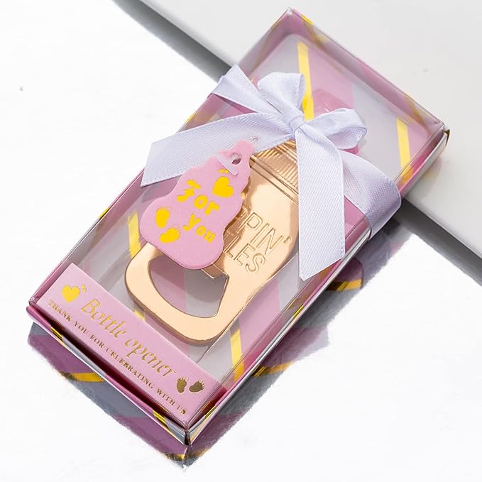 24PCS Golden Baby Bottle Openers for Baby Shower Favors Gifts, Baby Shower Decorations Souvenirs, Poppin Bottles Openers with Exquisite Gifts Box used for Guests Gender Reveal Party (24, pink)