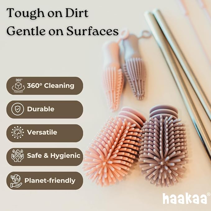 Haakaa Silicone Cleaning Brush Kit – Household Cleaning Brushes for Bottles and Crevices – Food-Grade Silicone: Dishwasher Safe (Brush-Grey)