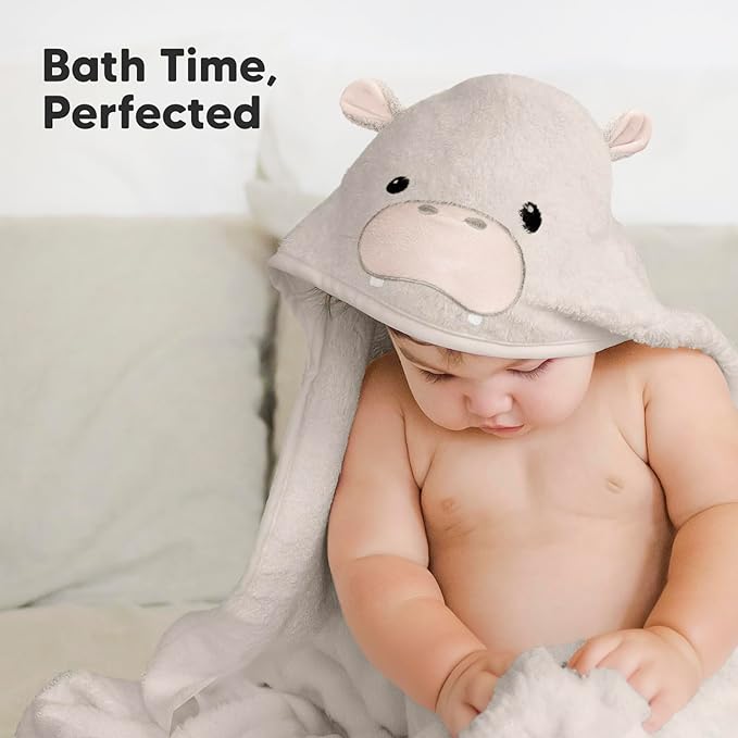 KeaBabies Hooded Baby Towel for Newborn - Viscose Derived from Bamboo Large Baby Bath Towels with Hood for Boys, Girls, Toddler, Extra Absorbent & Soft Newborn Bath Essentials (Hippo)