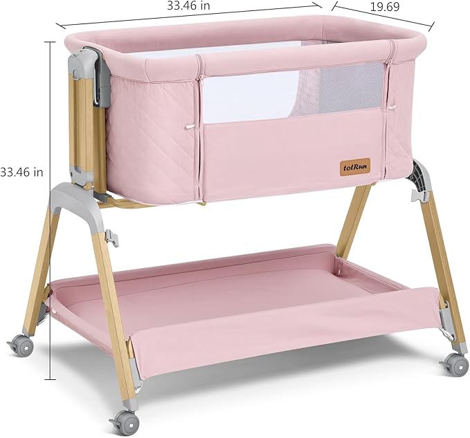Bassinet Bedside Sleeper, Rocking Bassinets with Comfy Mattress and Wheels for Newborn, 5-Height Adjustable (Pink)