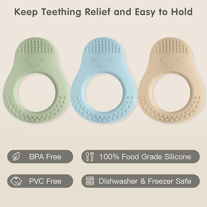 Baby Teething Toys - 3 Pack Teethers for 3-6 & 6-12 Months, Avocado Shape Silicone Teether with Easy to Hold, BPA Free