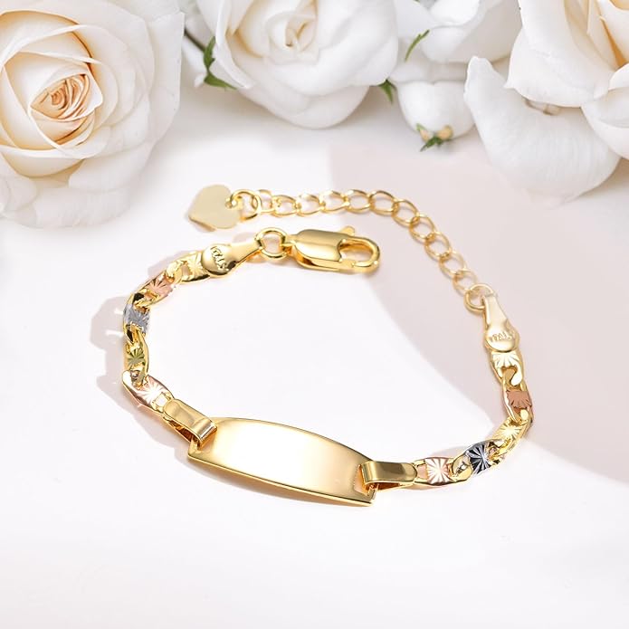 Personalized Baby ID Bracelet - 18K Gold Plated Tri-Color Chain Custom Name ID Plate Bar Bracelet for Children Toddler from Mom,Engraved Kid Name Customized Birthday,Back To School Gift for Daughter