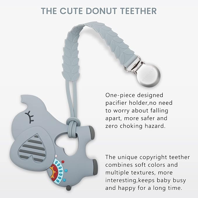 Teething Toys for Babies, Baby Teethers with Clip Silicone Baby Teether Toys for Boys and Girls Infant Teething Relief for Teething Elephant Shape, Gray