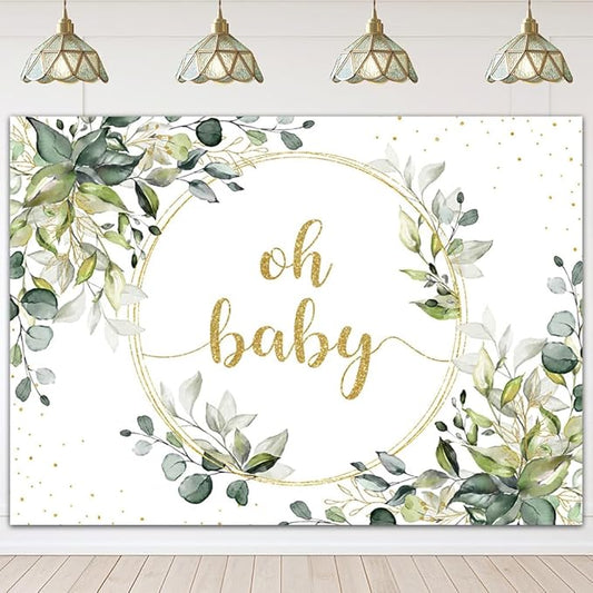 Mocsicka Greenery Baby Shower Backdrop Gold Oh Baby Background Green Eucalyptus Baby Shower Party Cake Table Decoration Banner Photo Booth Props (7x5ft)