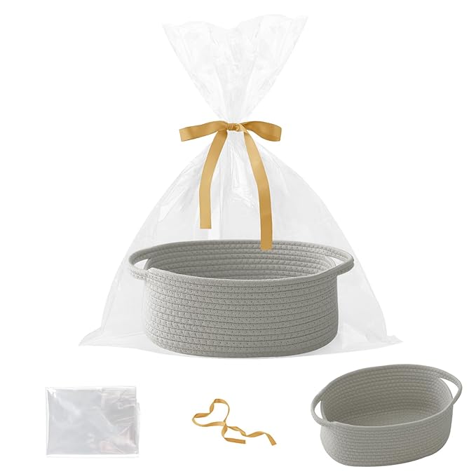 Gift Basket with Gift Bag and Ribbons,Small Rope Woven Shelf Storage,Baskets for Gifts Empty,Birthday,Shower,Decorative Organizer Box for Cat Dog Pet with Handles(Grey)