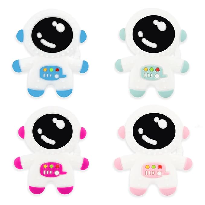 Baby Teething Spaceman Toy for 3+ Months Infants Sucking, Food Grade Silicon Astronaut Styling Teether, BPA Free (4 in 1 Pack)