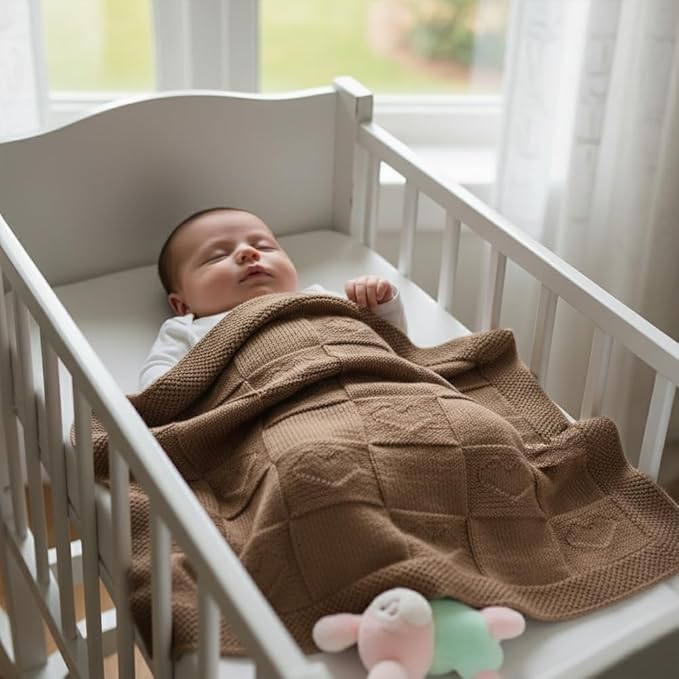 Heart Baby Knit Blanket – 100% Cotton Soft Lightweight Receiving Blanket with Square Heart Design for Newborn Infant Toddler Boy Girl, Cozy Crib Stroller Blanket