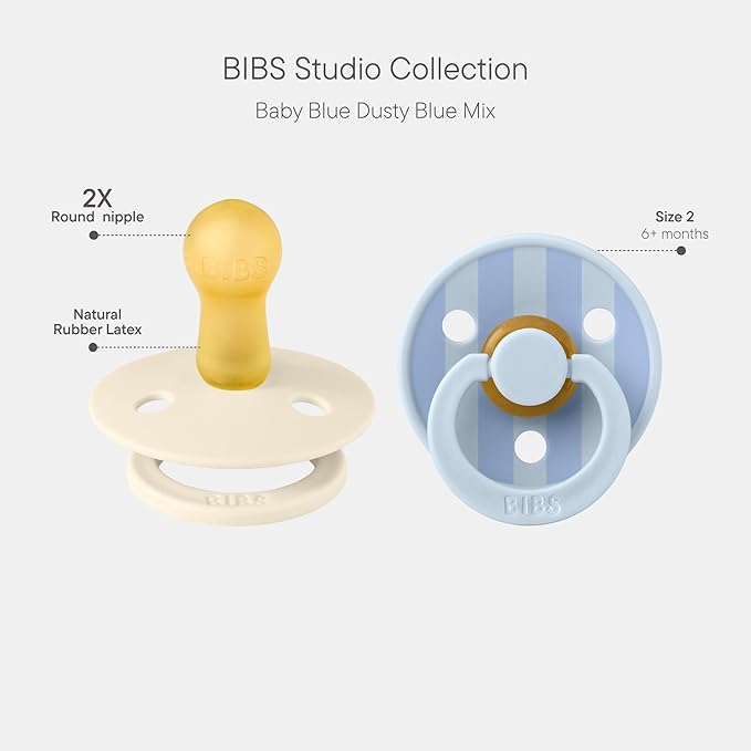 BIBS Pacifiers - Colour Studio 2 Pack | Round Nipple Baby Pacifier | BPA Free Natural Rubber Latex Soother | Made in Denmark | Size 6+ Months | Block Baby Blue Dusty Blue