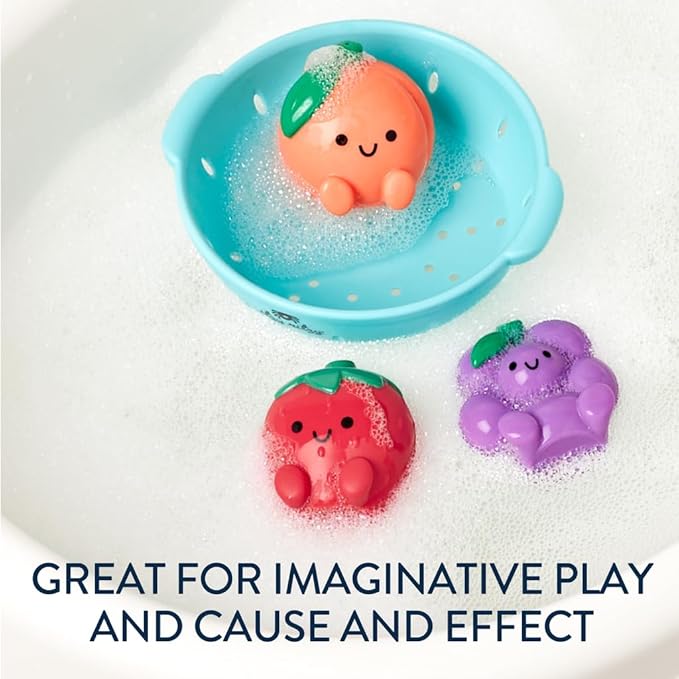 Itzy Ritzy Bath Squirter Toys – Set of 3 Textured, Fruit-Shaped Bath Toys & 1 Sprinkle Strainer – Itzy Splash Pals Promote Sensory Play, Cause & Effect, & Motor Skill Development – 6 Mos & Up (Fruit)