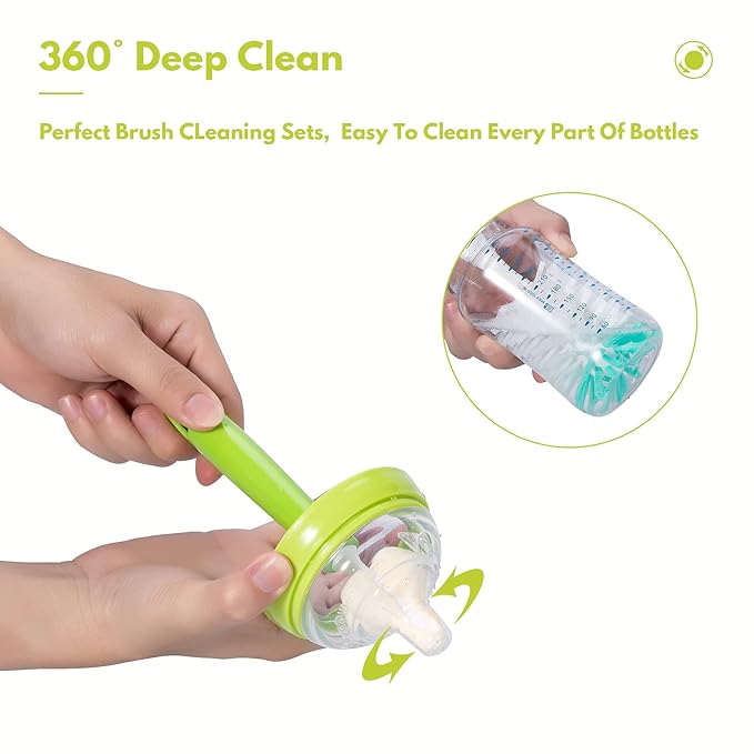Baby Bottle Brush with One Base Hidden Nylon Nipple Cleaner, 2 Pcs Sponge Nipple Brushes, 2 Pcs Straw Brushes, Bottle Brush with Nipple Cleaner and Suction Cup (Green)