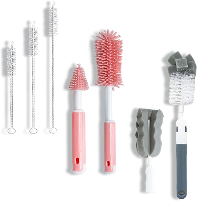 Bottle Cleaning Brush Set, Long Handle Silicone Brush, Detachable Cotton & Nylon Cup Scrubber, Straw Brushes for Baby Bottle, Sippy Cup, Glass Bottle, Tumbler, Tube, Nipple & More