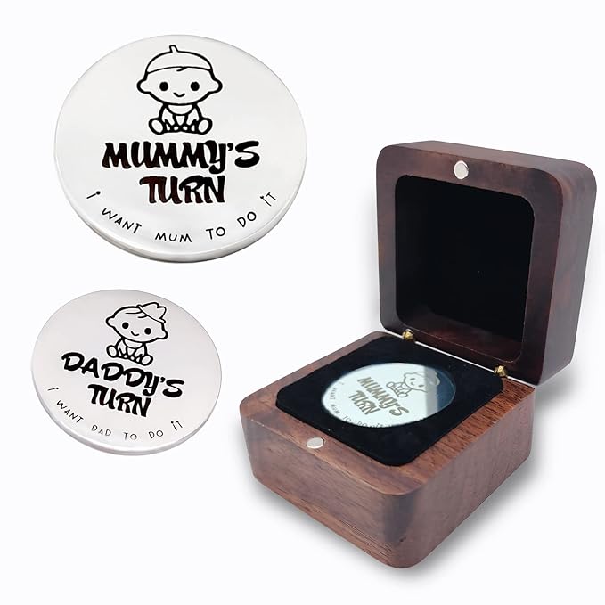 New Baby Gifts for New Parents Mom Daddy Funny Double-Sided Silver Decision Coin with Handmade Wooden Box Pregnant Gifts for First Time Moms Keepsake for Baby Memory
