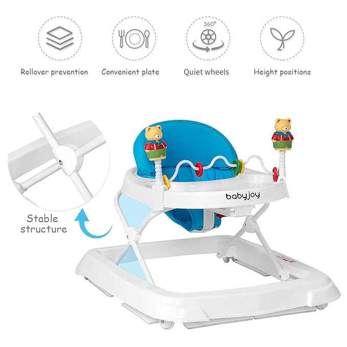 BABY JOY Baby Walker, Foldable Activity Walker with Adjustable Height, Large Tray & Removable Toys, Baby Walker with Wheels for Boys Girls 6-18 Months (Blue)