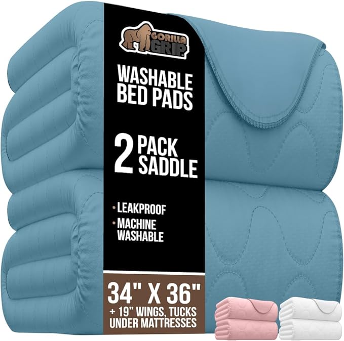 GORILLA GRIP Washable Toddler Mattress Incontinence Pads, Waterproof Bed Underpads, Absorbent Leak Proof, 34x36+19in Wings, 2 Pack Slip Resistant Pad Absorbs 8 Cups for Bedwetting Adults Kids, Blue