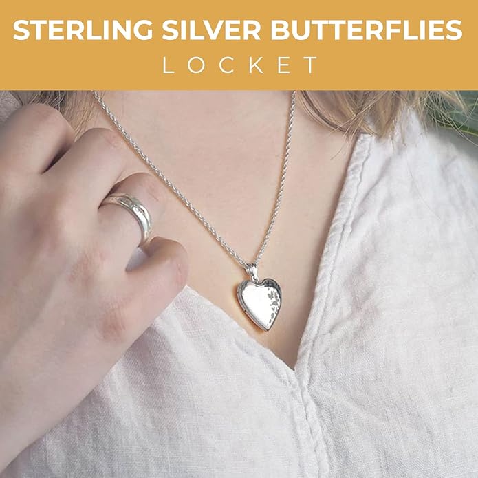 PicturesOnGold.com Personalized Heart Shaped Butterflies Photo Locket Necklace - 3/4 inch x 3/4 inch - Includes 18 inch Chain - Custom Engraved Picture Locket Necklace for Women