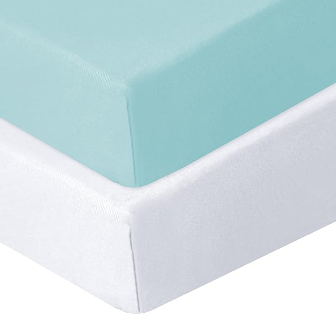 Biloban Pack and Play Sheets Fitted, 2 Pack Pack and Play Sheet Fits for Graco Pack n Play Mattress, Neutral Playard Sheets for Baby Boys and Girl, White & Aqua, 38”X 26”