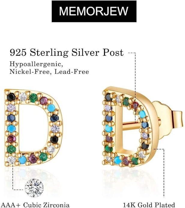 Memorjew Initial Stud Earrings for Women, Hypoallergenic 925 Sterling Silver Post Rainbow Cubic Zirconia Gold Plated 26 Initial Earrings for Women Jewelry Gifts