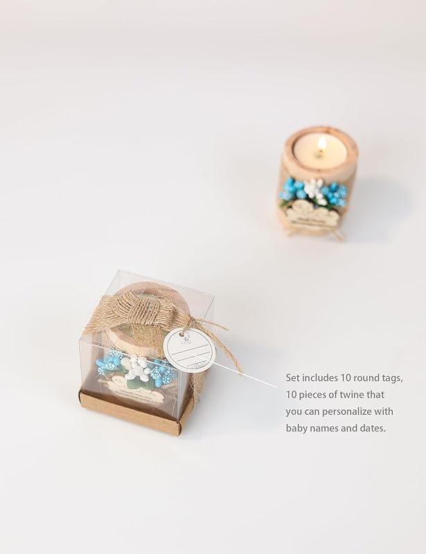 Ju's Favors Wooden Candle Holders (Set of 10), Baby Shower Favors, Boy Christening Favors, Baby Christening Party Favors for Guests.(Light brown-blue)