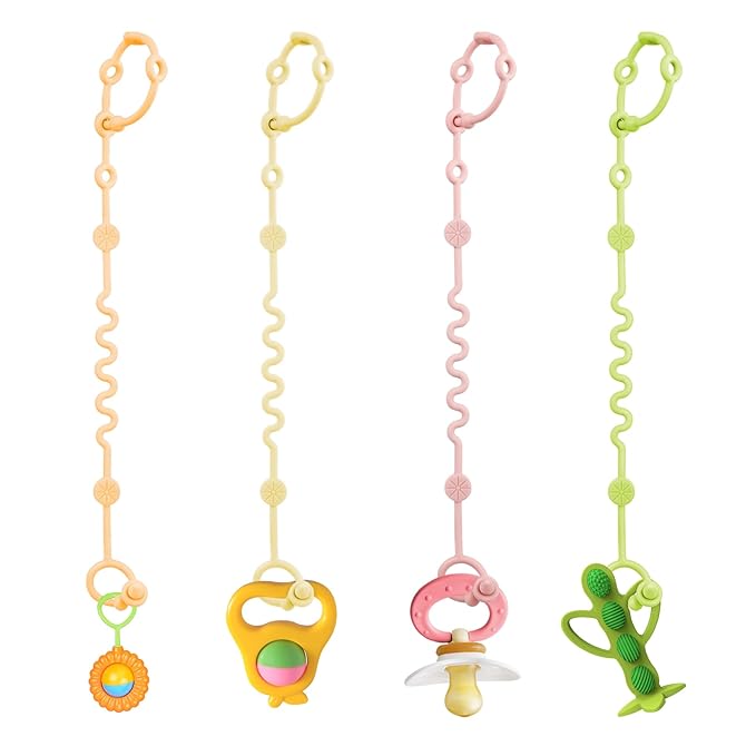 Adjustable Toy Holder for Stroller Accessories, Silicone Baby Tether Pacifier Clip, No Throw Travel Essential Leash for High Chair, Car Seat (4 Pack Macaron)
