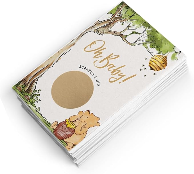Printed Party Winnie Baby Shower Games – Scratch Off Game with Classic Pooh Theme, Gender Neutral for Boy or Girl, 30 Cards & Stickers