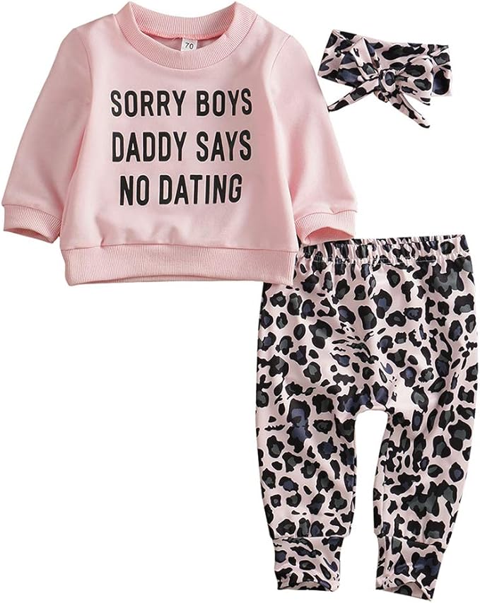 Madjtlqy Newborn Baby Girls Clothes Daddy Saying Top Printed T-Shirt Leopard Pants+Headband Sweatshirt Outfit Set